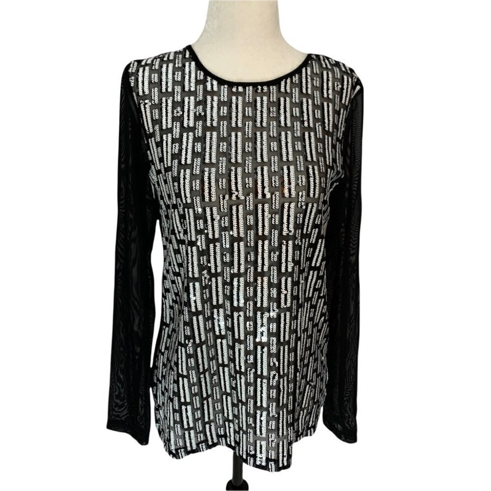 isaac Mizrahi Black/White Semi Sheer Long Sleeve Sequin Top Sz S